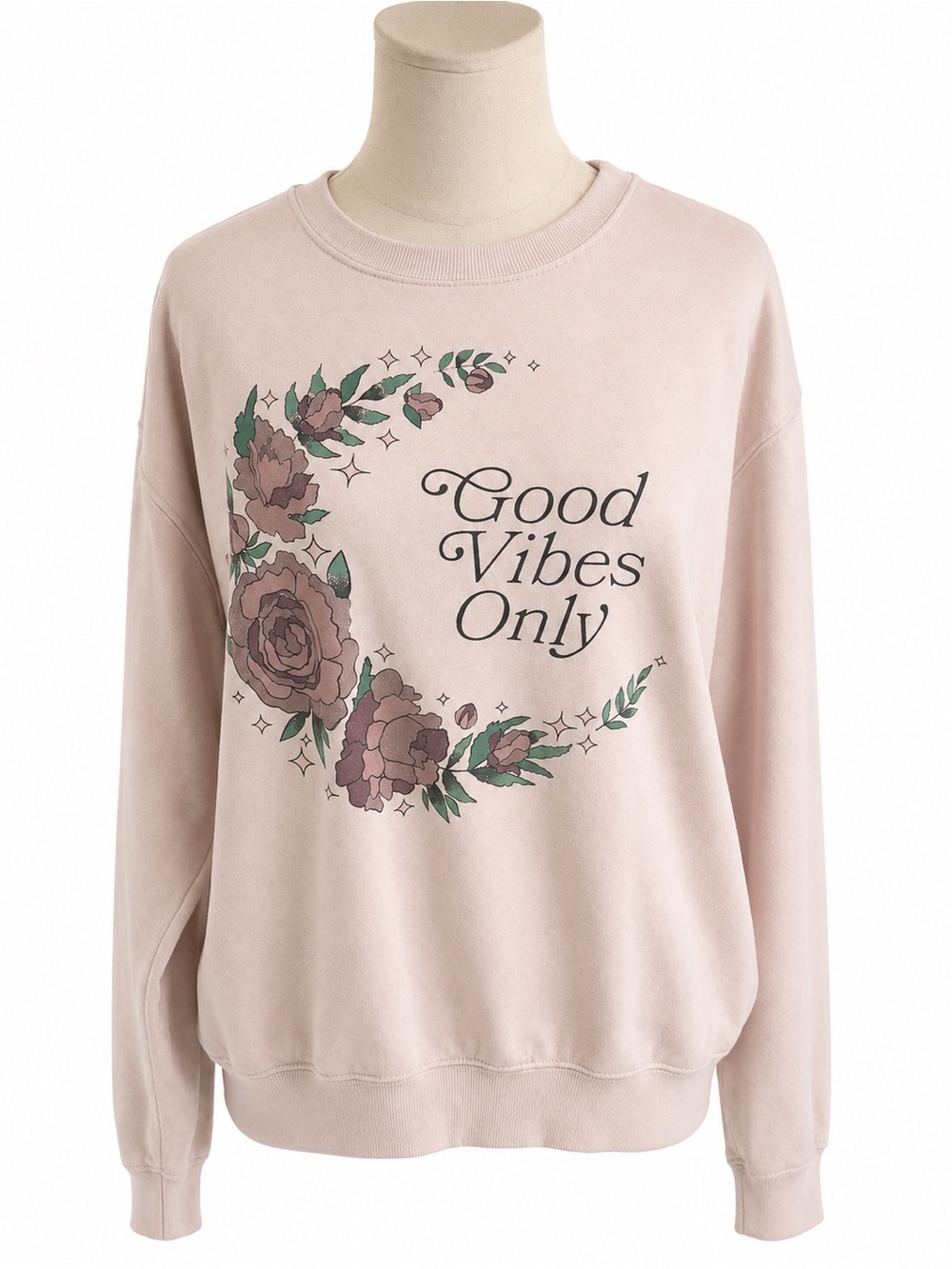 Good Vibes Only Floral Graphic Crewneck Sweatshirt - Blush